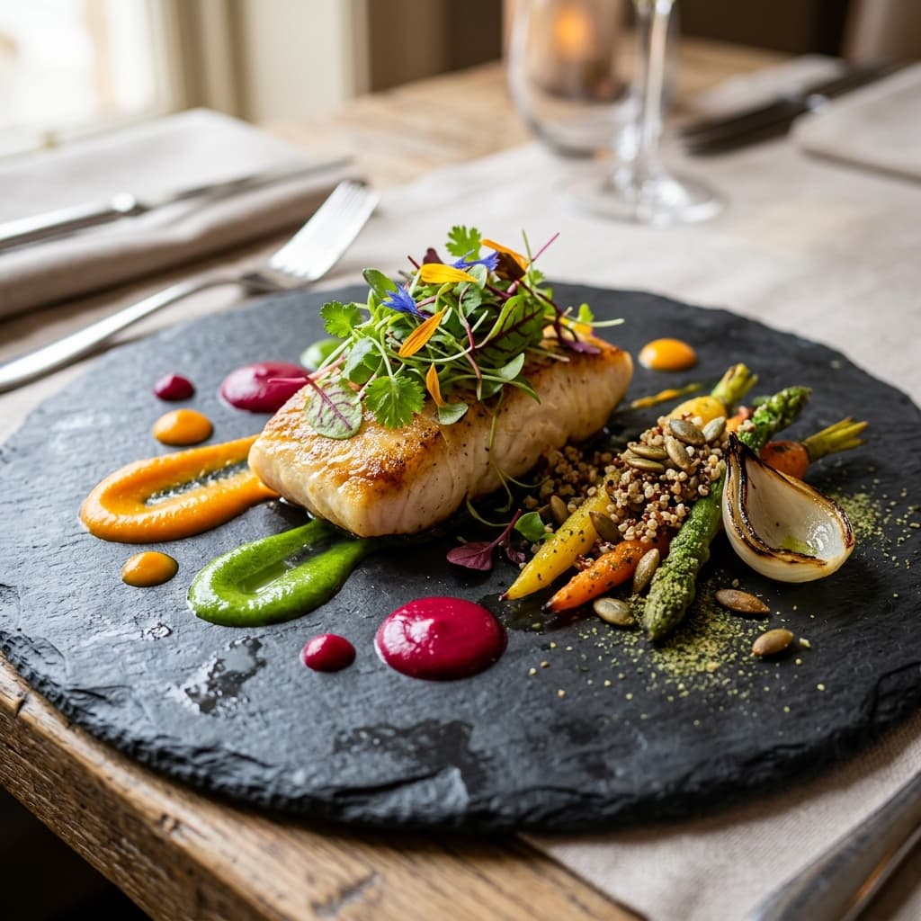 Close-up view of artistic food plating with micro-greens and vibrant sauces