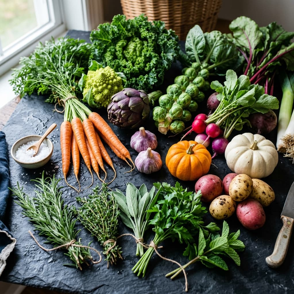 Selection of fresh, locally-sourced seasonal vegetables and herbs
