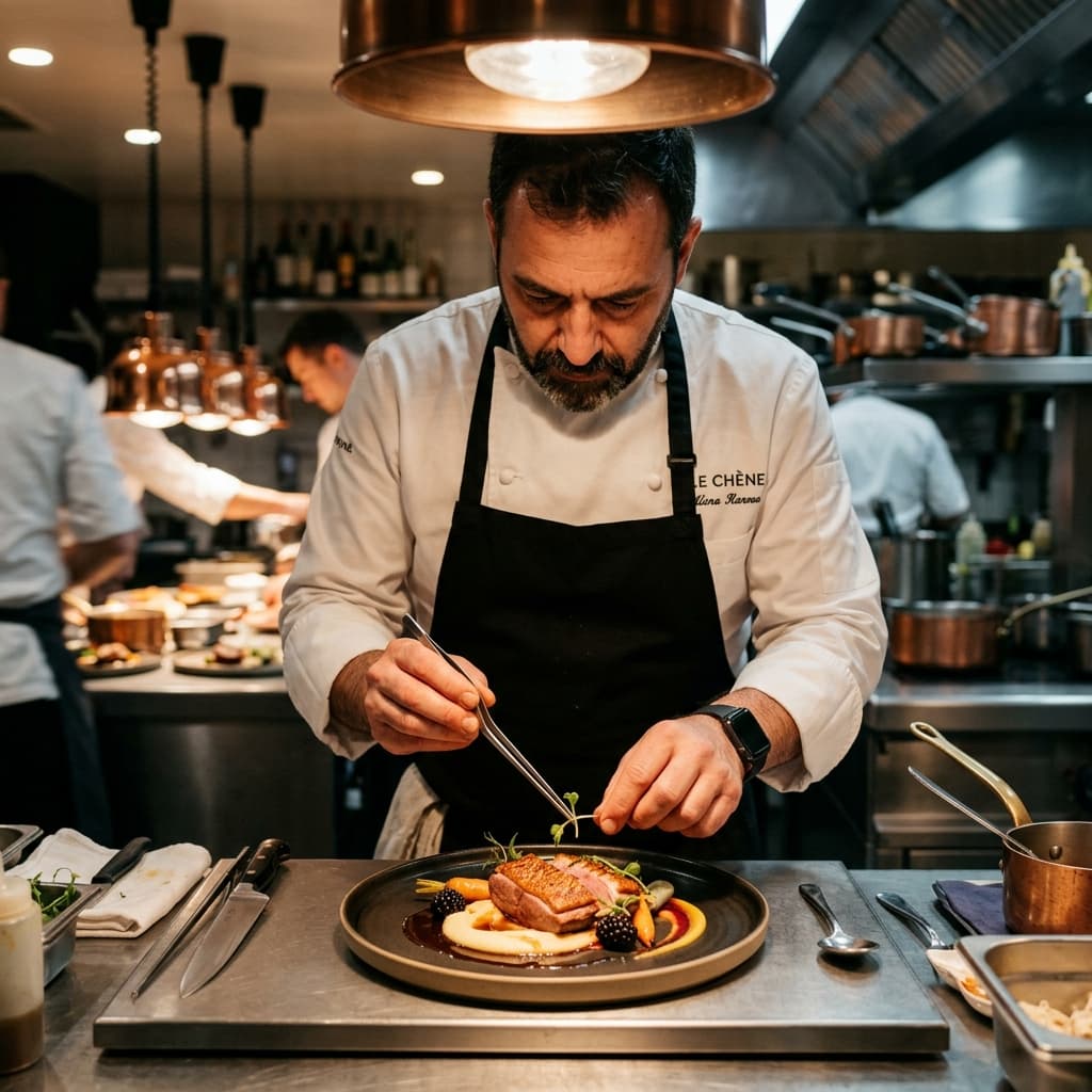 Professional chef carefully plating a gourmet dish in a high-end kitchen