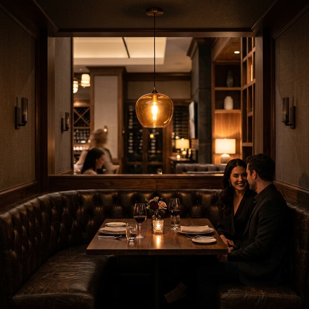 Intimate dark leather dining booth